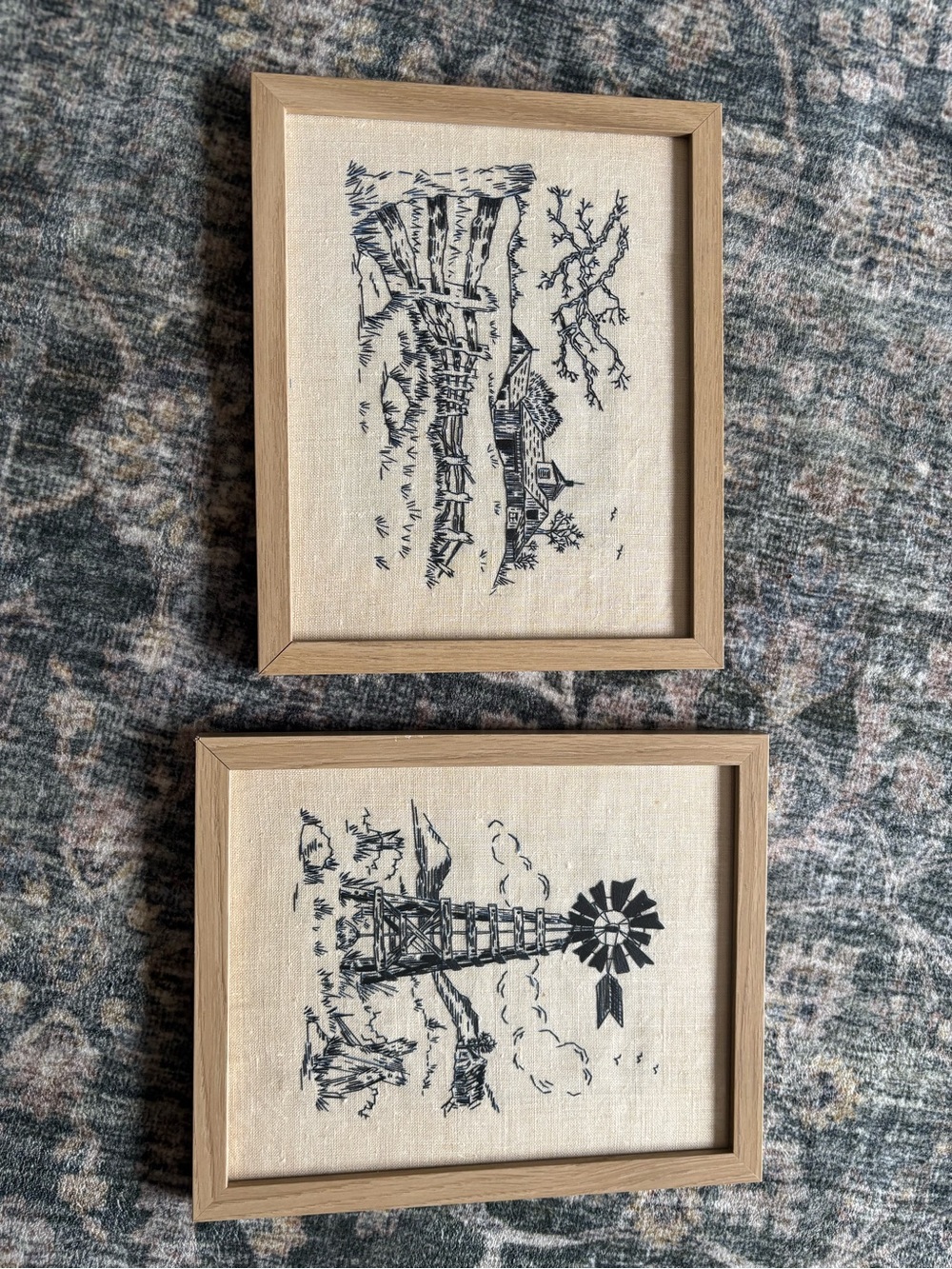 Framed Rustic Windmill & Farmhouse Wall Art Set in Natural Wood
